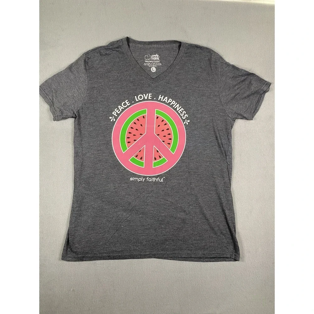 Simply Faithful "Peace Love Happiness" Watermelon Peace Symbol V Neck T Shirt L - Picture 1 of 8